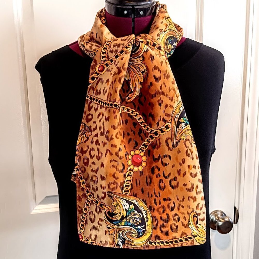 Vintage Gold Chain Print Pure Silk Oblong Scarf